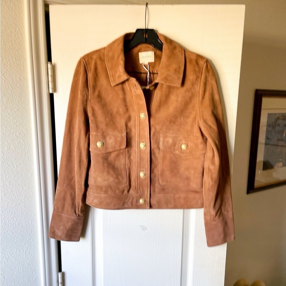 Sézane Terry Jacket Gold Buttoned Camel Suede Goat Leather FR 34 NWT - Picture 2 of 13
